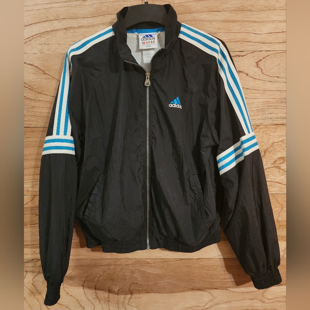 VINTAGE Adidas Team Zip Up Windbreaker Black/Teal Stripe Jacket